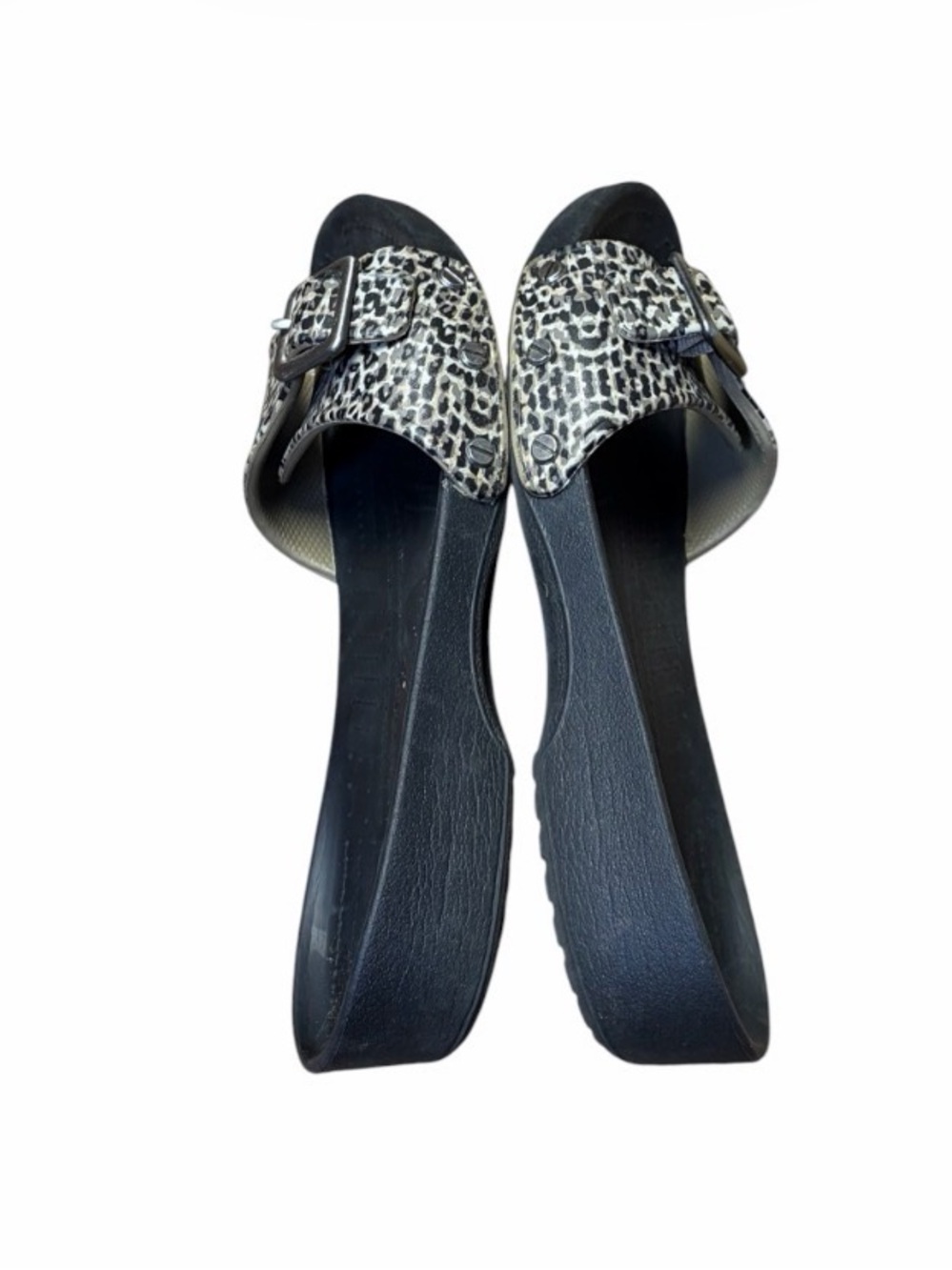 Crocs Sarah Leopard Print Slides Womens 10 Black Beige Buckle Sandals - Picture 8 of 10
